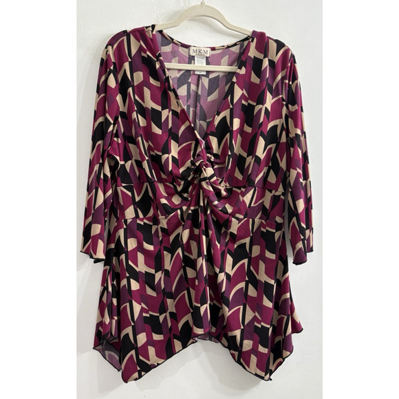 Vtg Womens MKM 2X Plus Purple Retro V Neck‎ Geometric Top 70s Stretchy Sharkbite - Picture 1 of 9